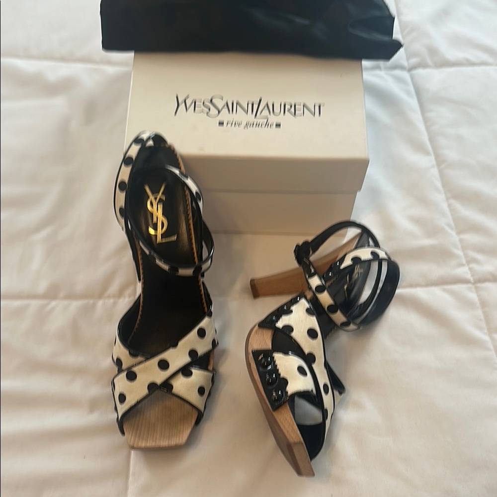 Yves Saint Laurent Black and White Heels with Polka Dot Design